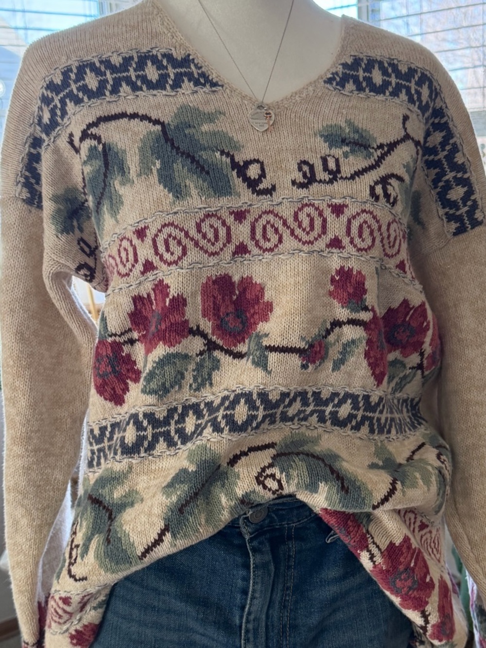 Vintage 90’s Artsy Boho Embroidered Cottagecore Ramie Spring Sweater Floral  L